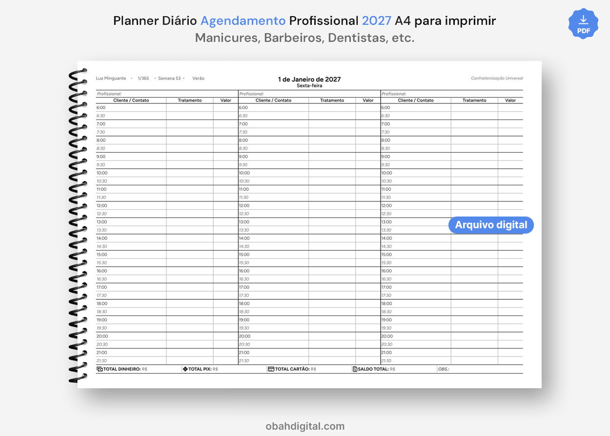 Planner Diário Agendamento Profissional Dentista Manicure Barbeiro para imprimir 2027