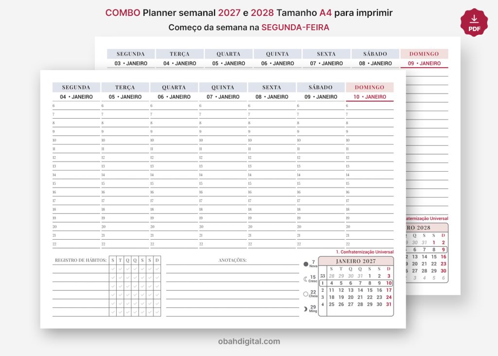 Planner Semanal 2027 2028 Segunda-feira Horários A4 para imprimir