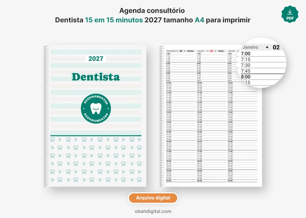 Arquivo digital Agenda Consultório Dentista 2027 para imprimir