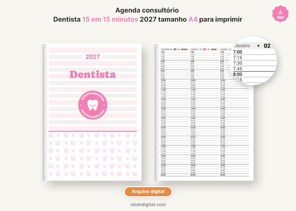 Arquivo digital Agenda Consultório Dentista 2027 para imprimir