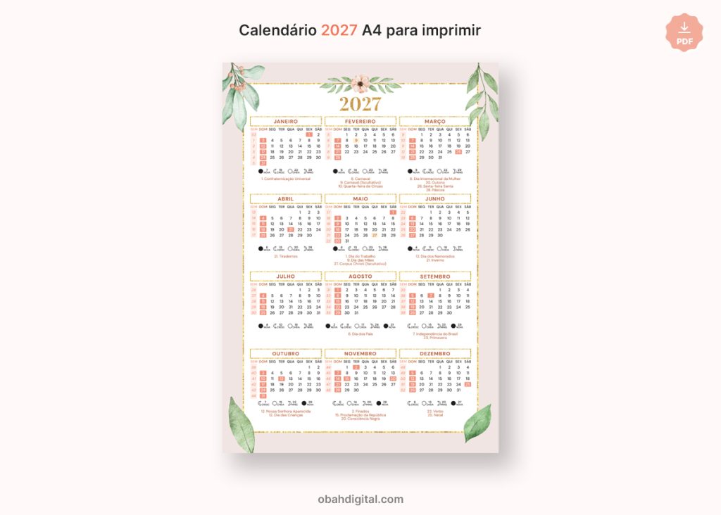 Calendário digital 2027 feriados fases da lua A4 para Imprimir
