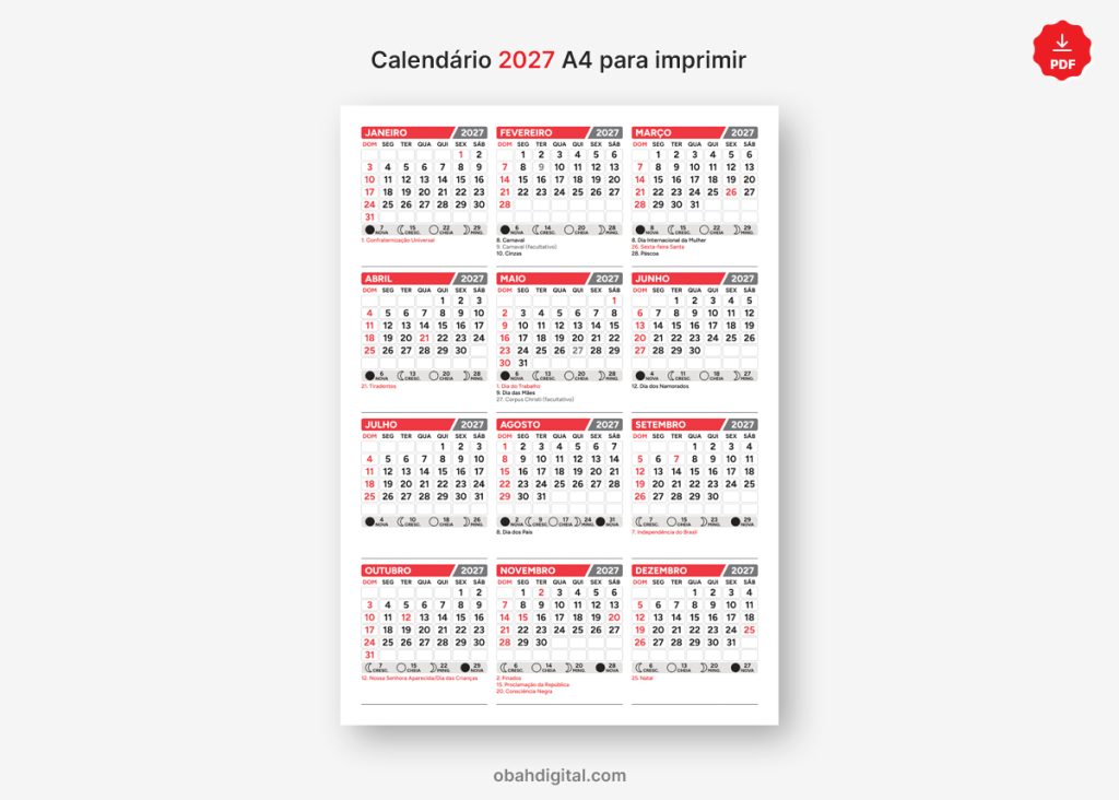 Arquivo Digital Calendário 2027 Feriados Fases da Lua A4 para Imprimir