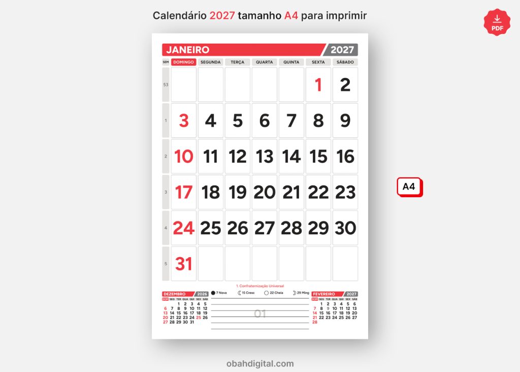 Arquivo Digital Calendário 2027 fases da lua feriados A4 para imprimir