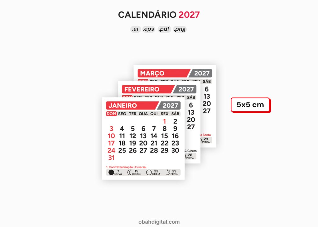 Arquivo Digital Calendário 2027 feriados fases da lua 5x5cm para imprimir geladeira