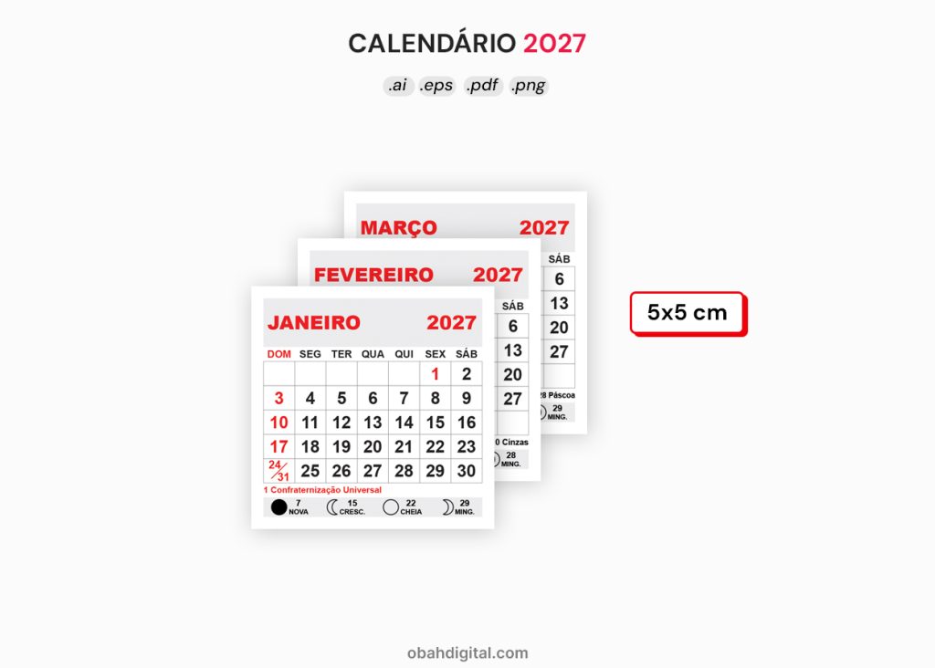 Arquivo Digital Calendário 2027 feriados fases da lua 5x5cm para imprimir geladeira