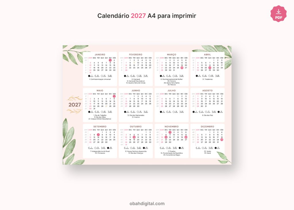 Calendário digital 2027 feriados fases da lua A4 para Imprimir
