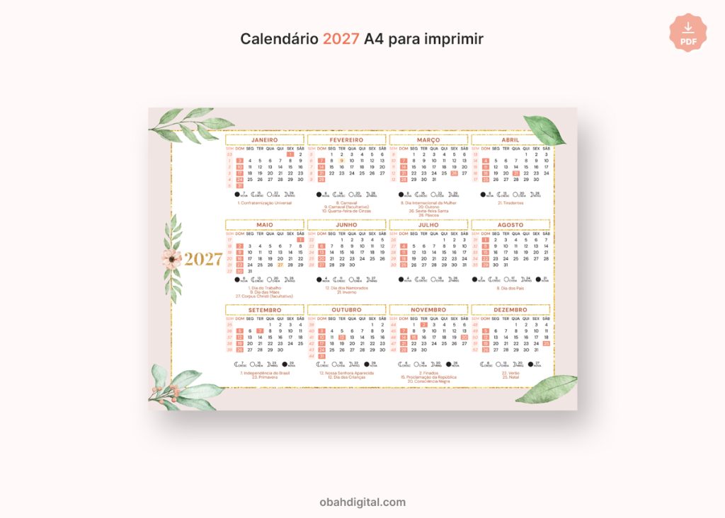 Calendário digital 2027 feriados fases da lua A4 para Imprimir