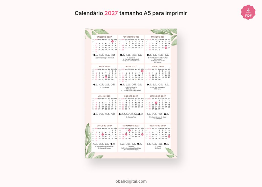 Calendário digital 2027 feriados fases da lua A5 para Imprimir