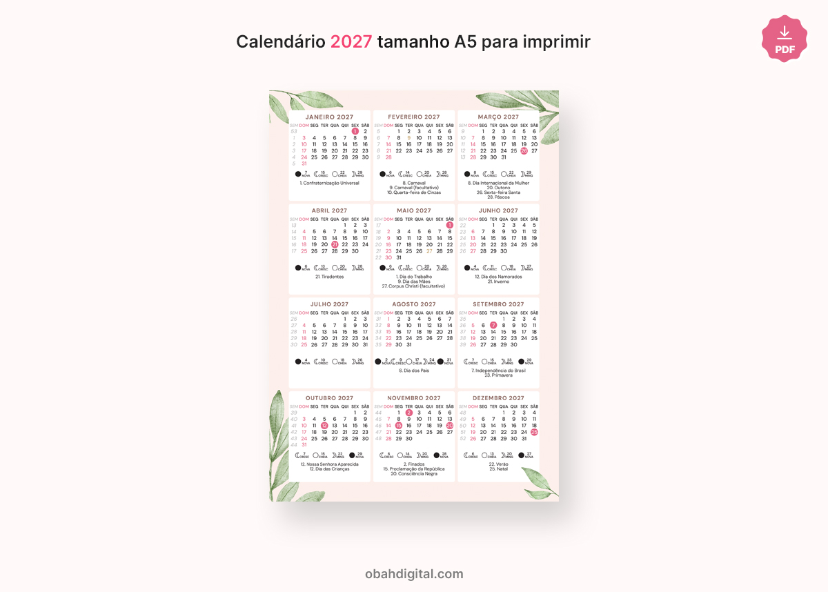 Calendário digital 2027 feriados fases da lua A5 para Imprimir