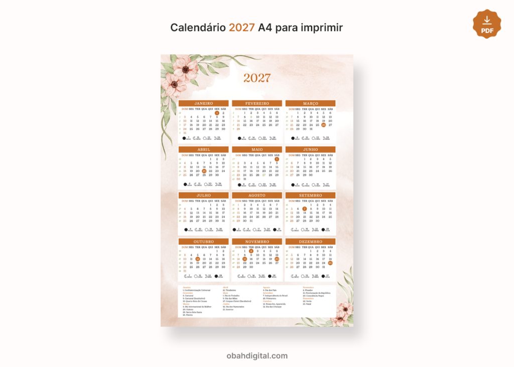 Calendário digital 2027 feriados fases da lua A4 para Imprimir
