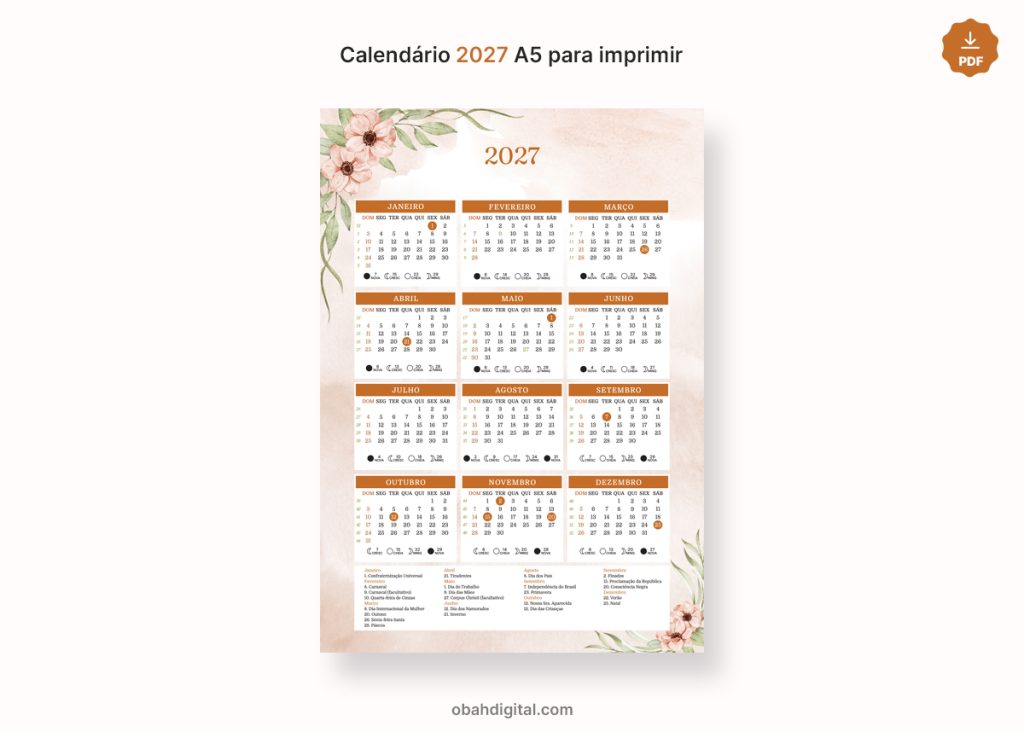 Calendário 2027 para imprimir A5