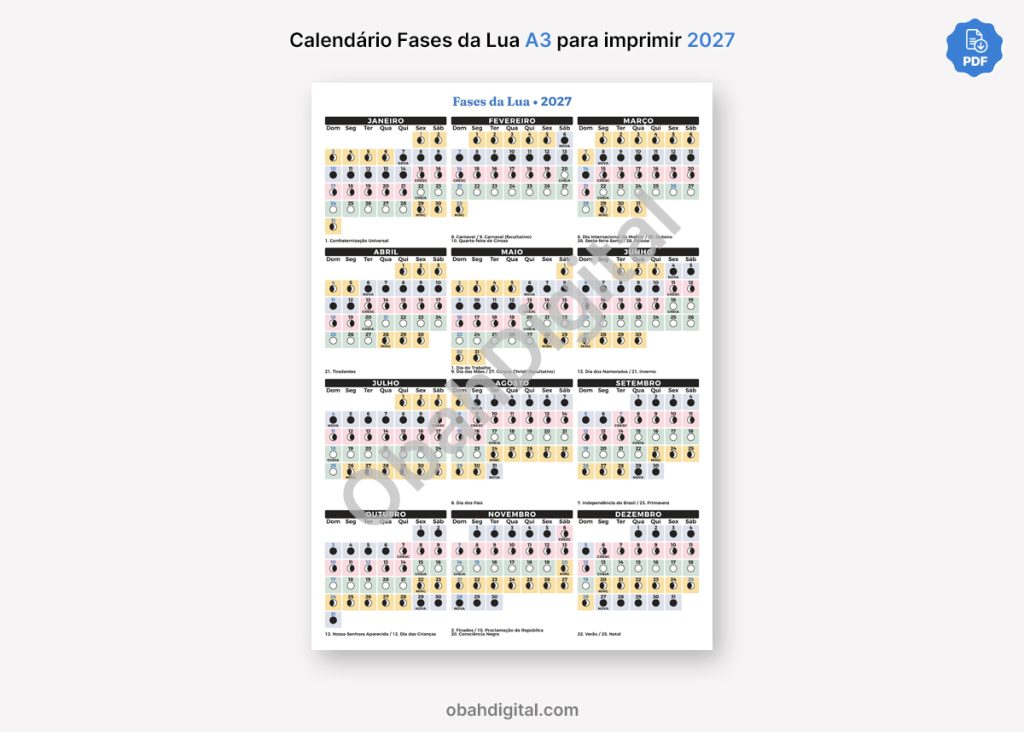 Arquivo Digital Calendário Lunar Fases da Lua 2027 A3 para imprimir