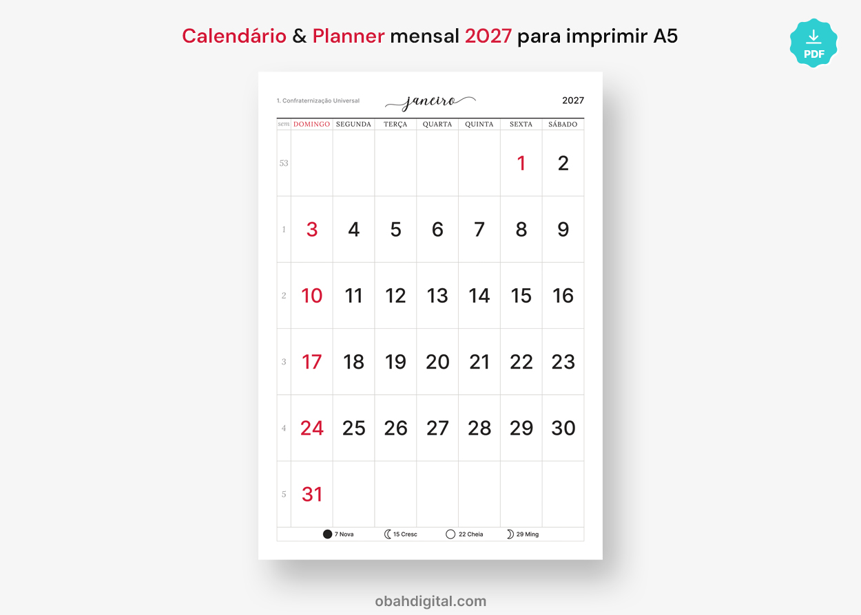 Calendário Planner Mensal Digital 2027 A5 para imprimir