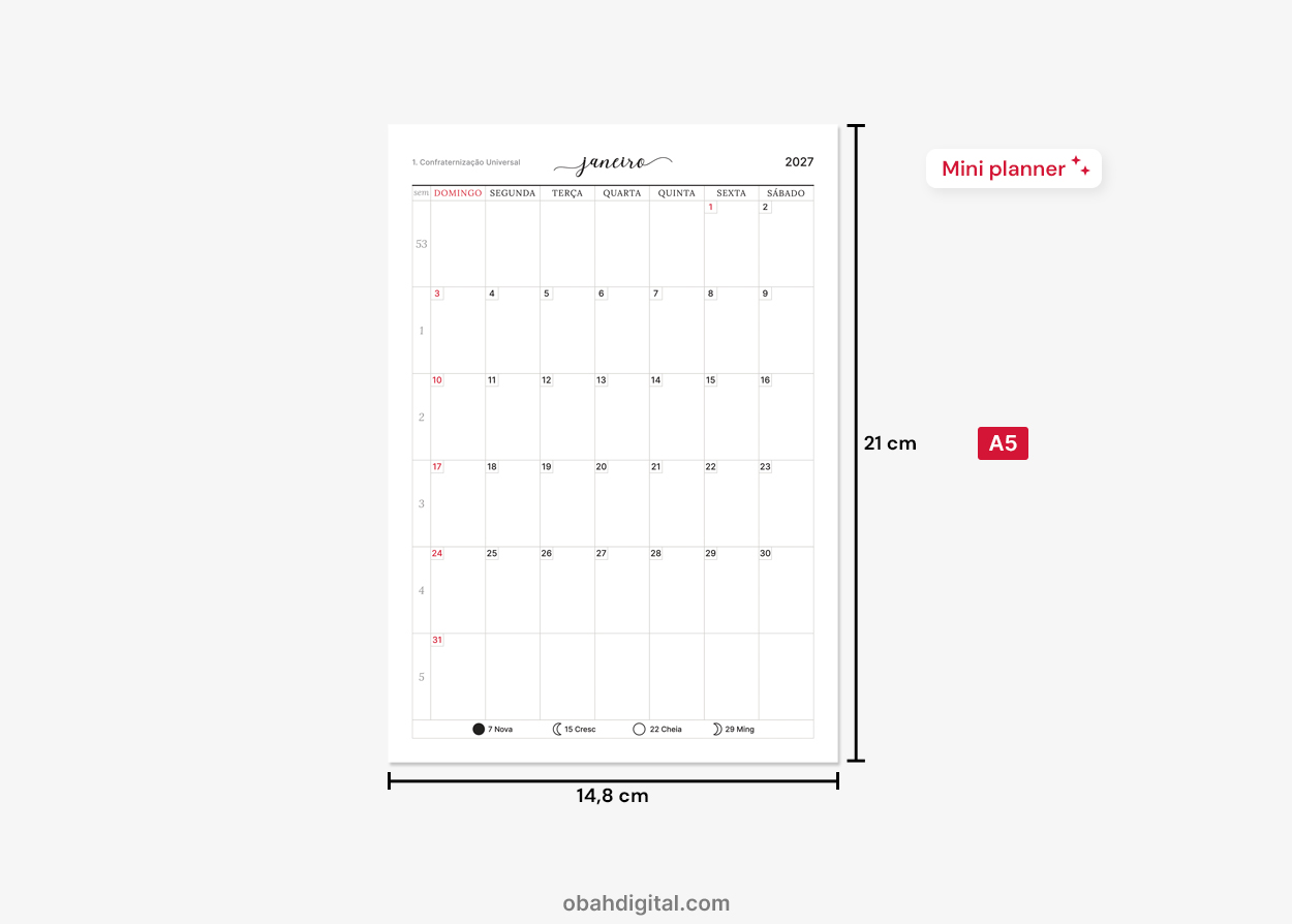 Calendário Planner Mensal Digital 2027 A5 para imprimir