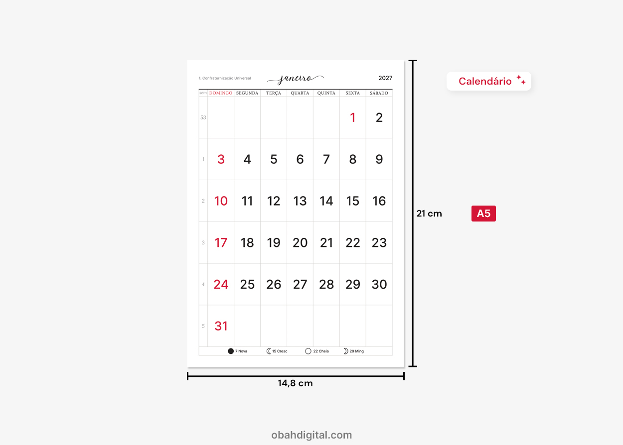 Calendário Planner Mensal Digital 2027 A5 para imprimir
