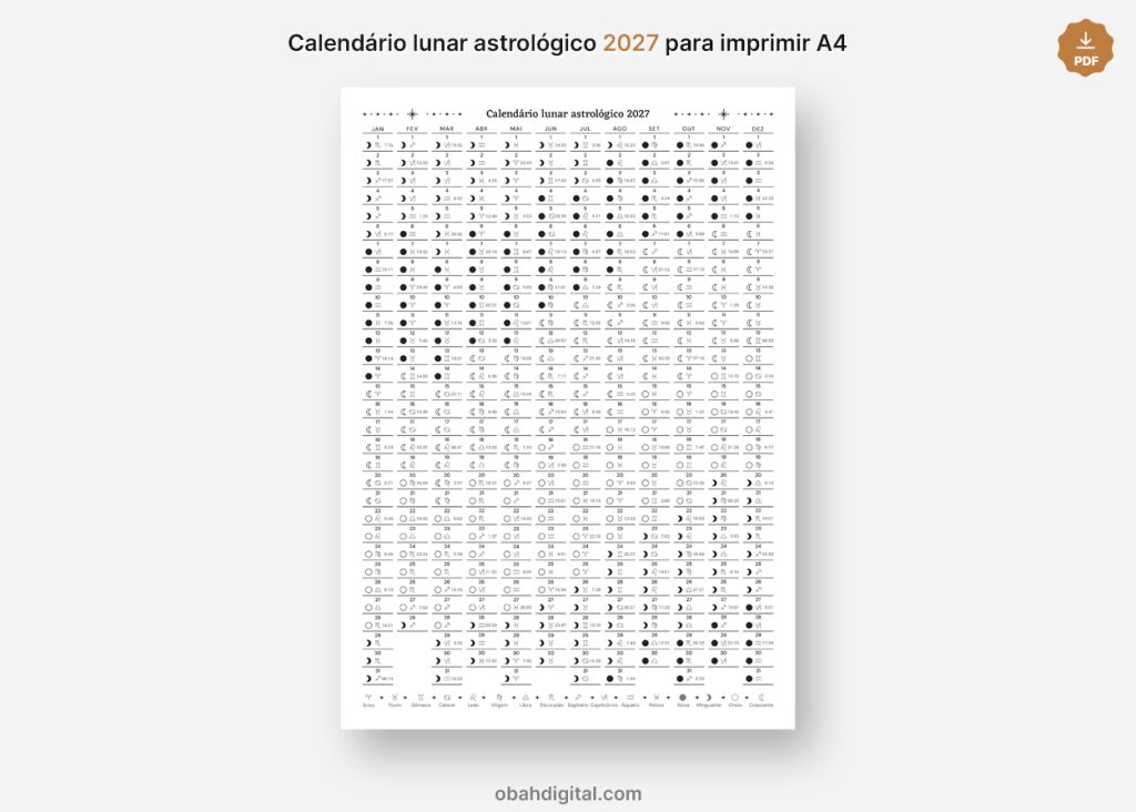 Calendário astrológico lunar 2027 A4 para imprimir