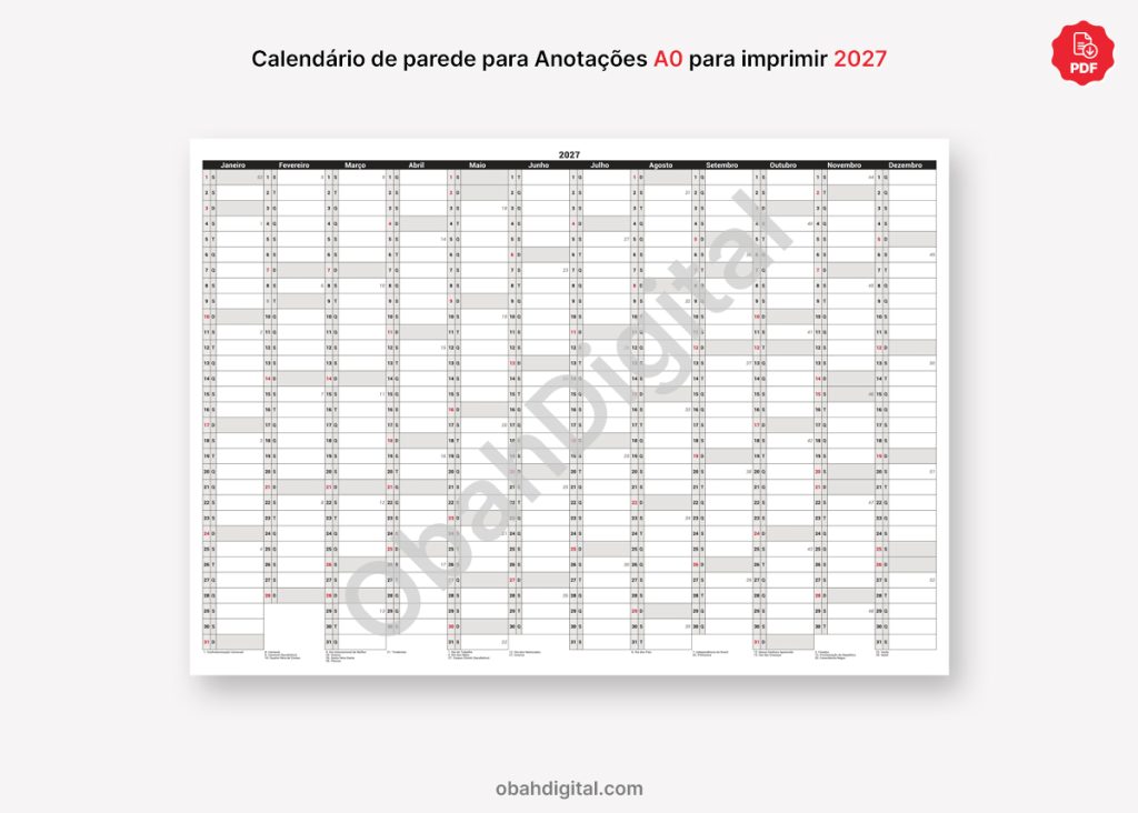 Arquivo Digital Calendário de Parede Anotações 2027 A0 para imprimir