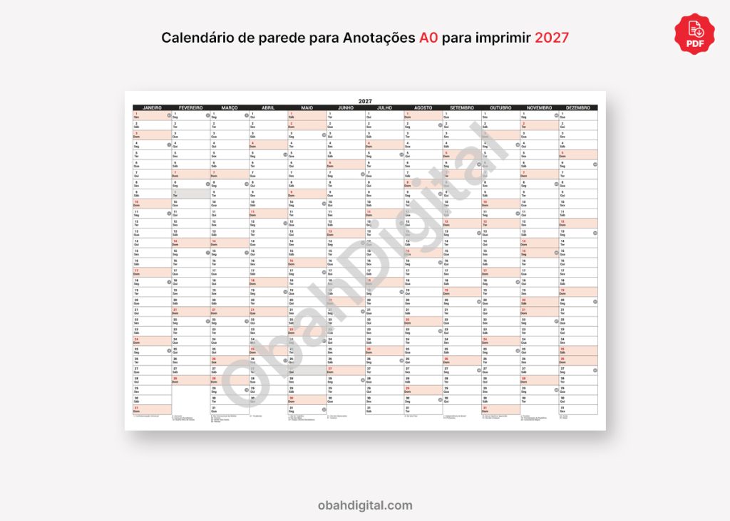 Arquivo Digital Calendário de Parede Anotações 2027 A0 para imprimir