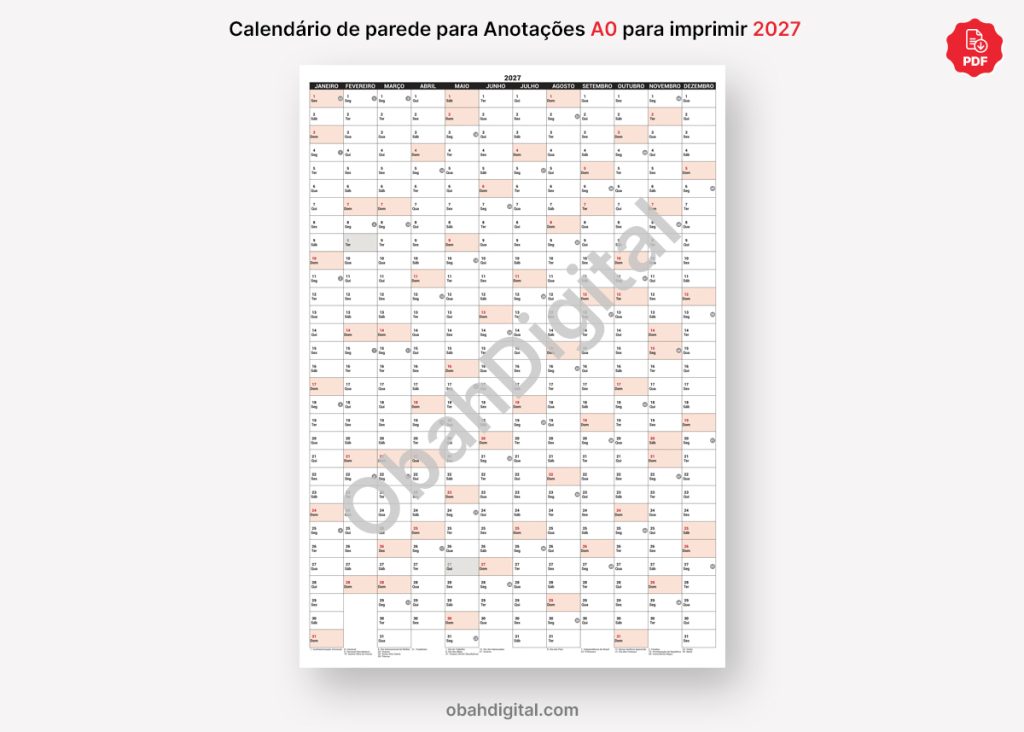 Arquivo Digital Calendário de Parede Anotações 2027 A0 para imprimir