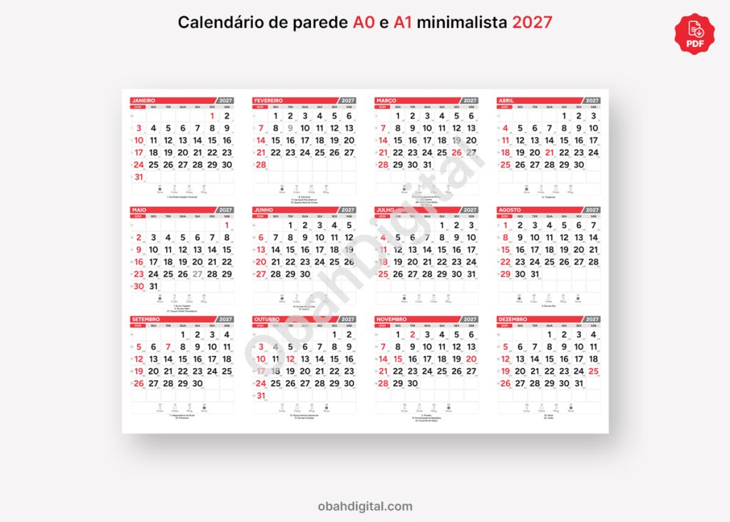 Arquivo Digital Calendário de parede 2027 A0 e A1 para imprimir