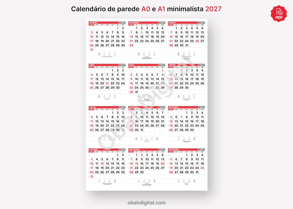 Arquivo Digital Calendário de parede 2027 A0 e A1 para imprimir