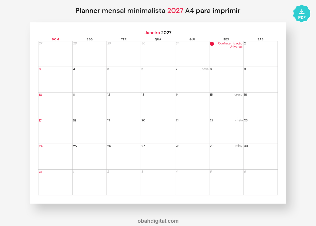 Planner mensal 2027 calendário A4 para imprimir