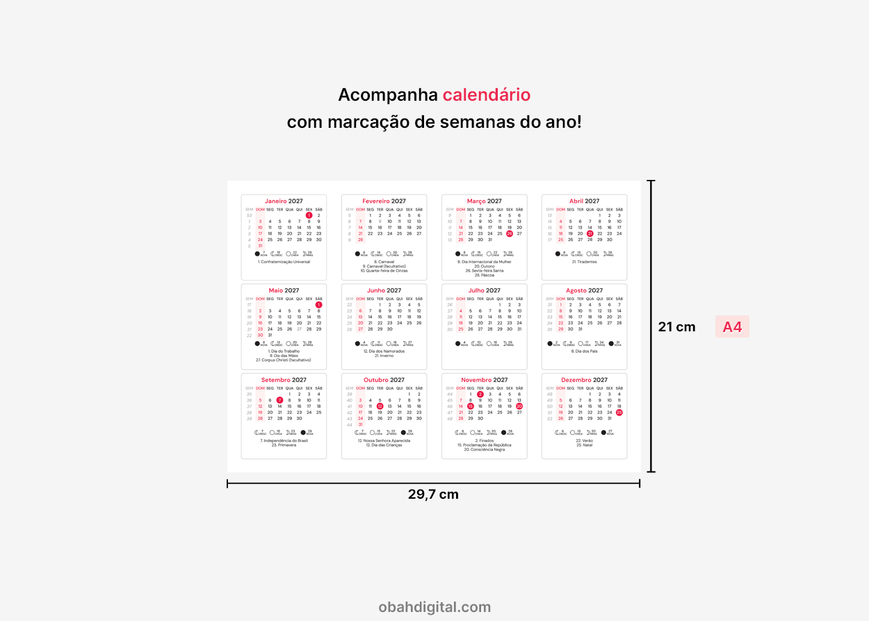 Planner mensal 2027 calendário A4 para imprimir