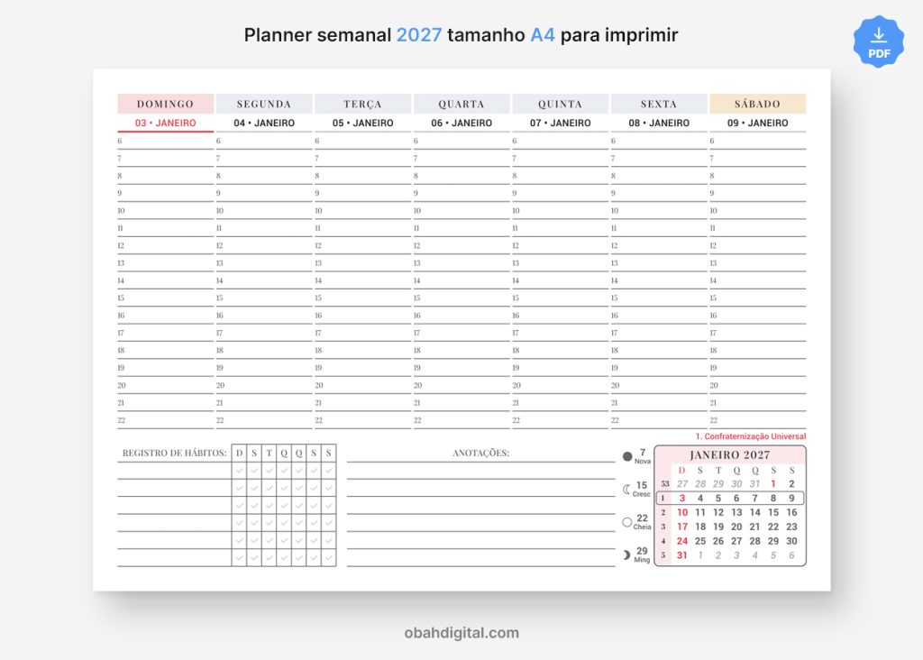 Planner Digital Semanal 2027 com Horários A4 para imprimir