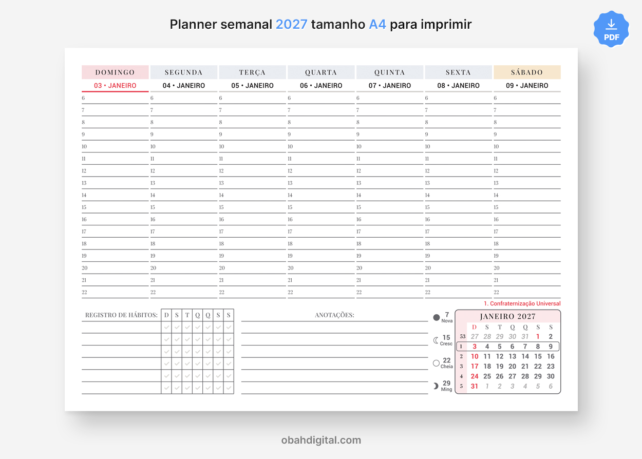 Planner Digital Semanal 2027 com Horários A4 para imprimir