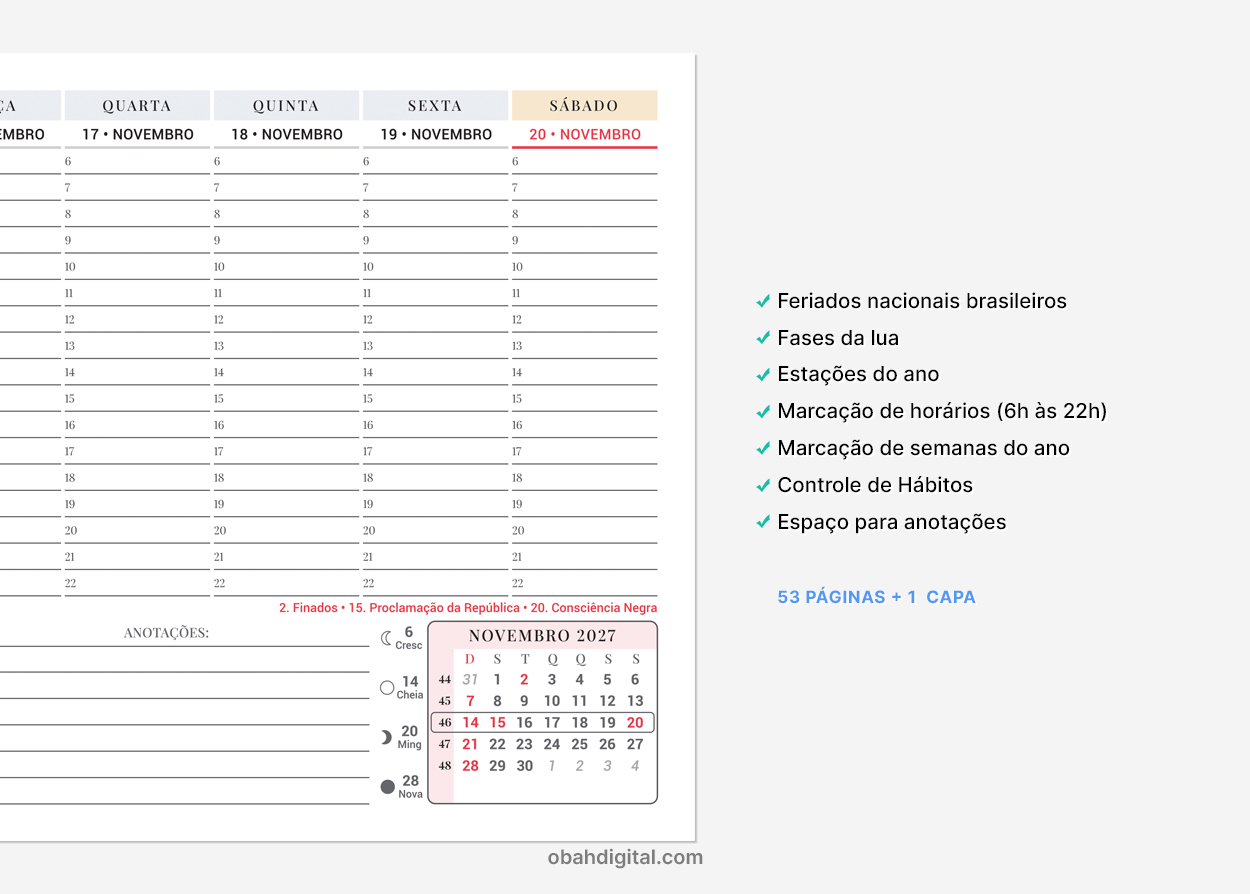 Arquivo digital Planner Semanal 2027 com Horários A4 para imprimir