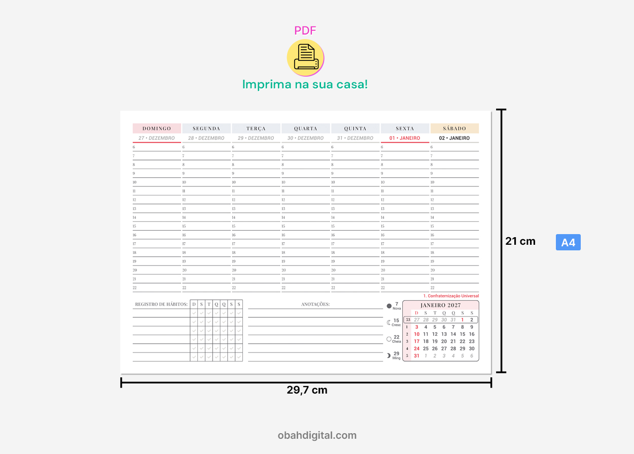 Planner Digital Semanal 2027 com Horários A4 para imprimir