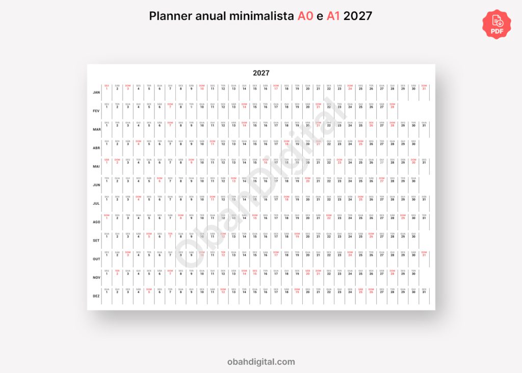 Arquivo Digital Calendário Planner anual minimalista 2027 A0 e A1 para imprimir