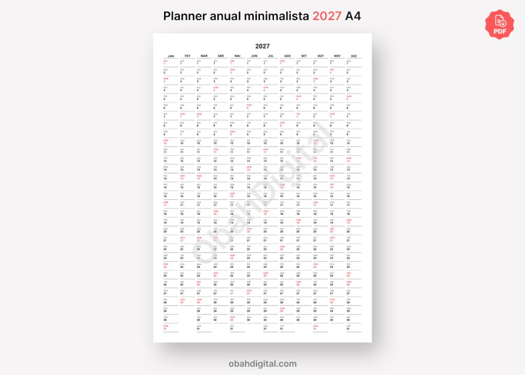 Arquivo Digital Planner anual minimalista 2027 A4 para imprimir