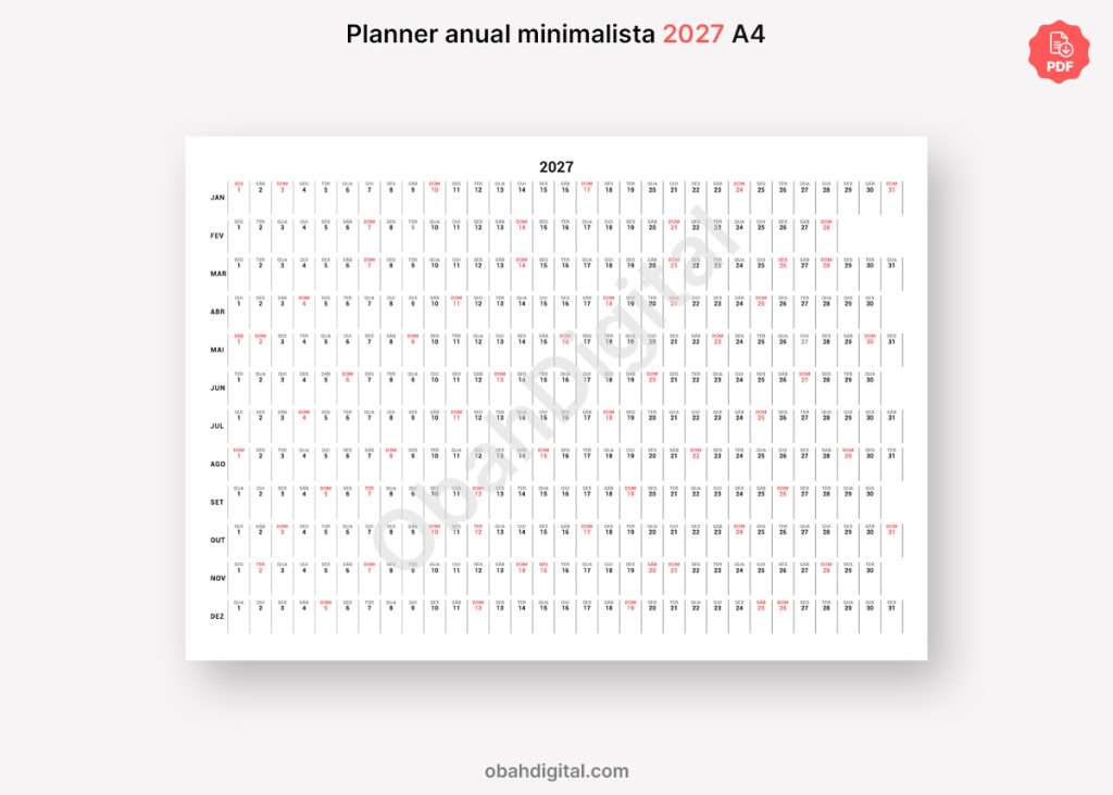Arquivo Digital Planner anual minimalista 2027 A4 para imprimir