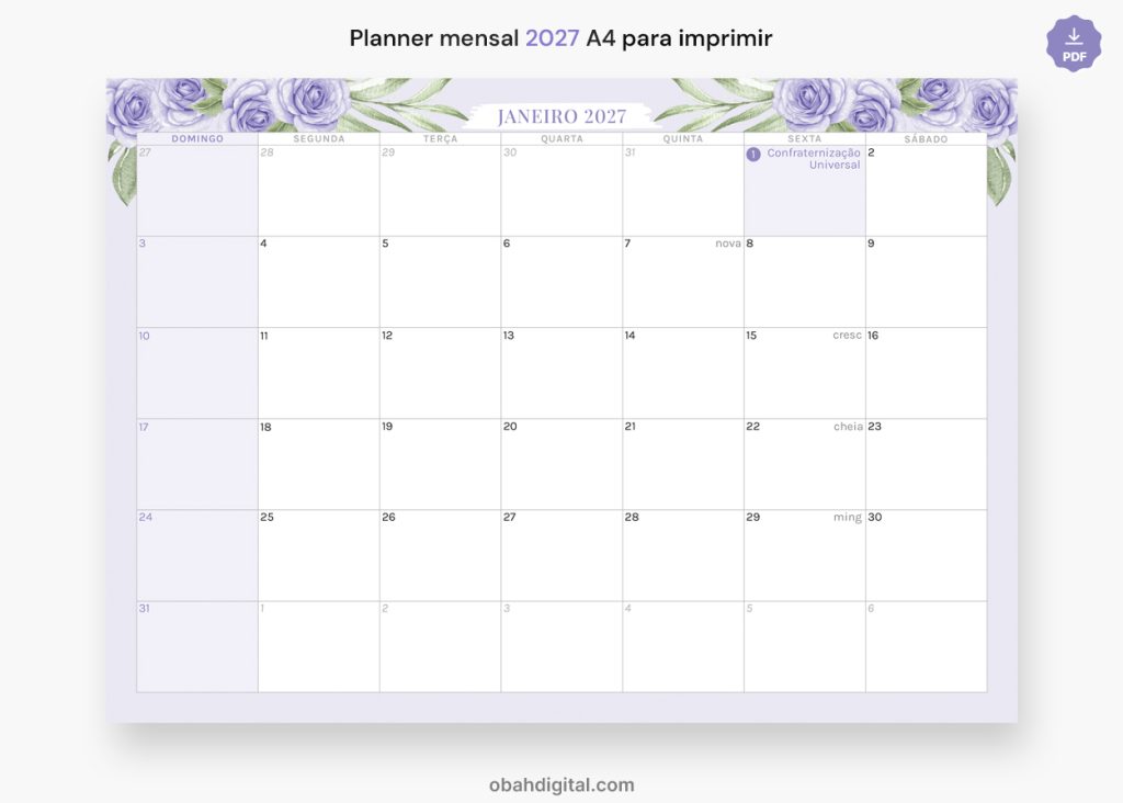 Planner mensal 2027 calendário A4 para imprimir