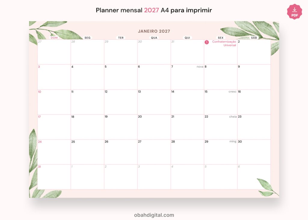 Planner mensal 2027 calendário A4 para imprimir