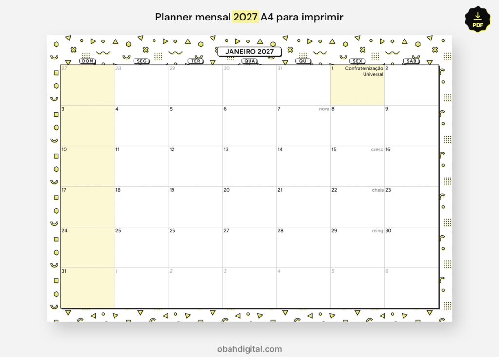 Planner mensal 2027 calendário A4 para imprimir