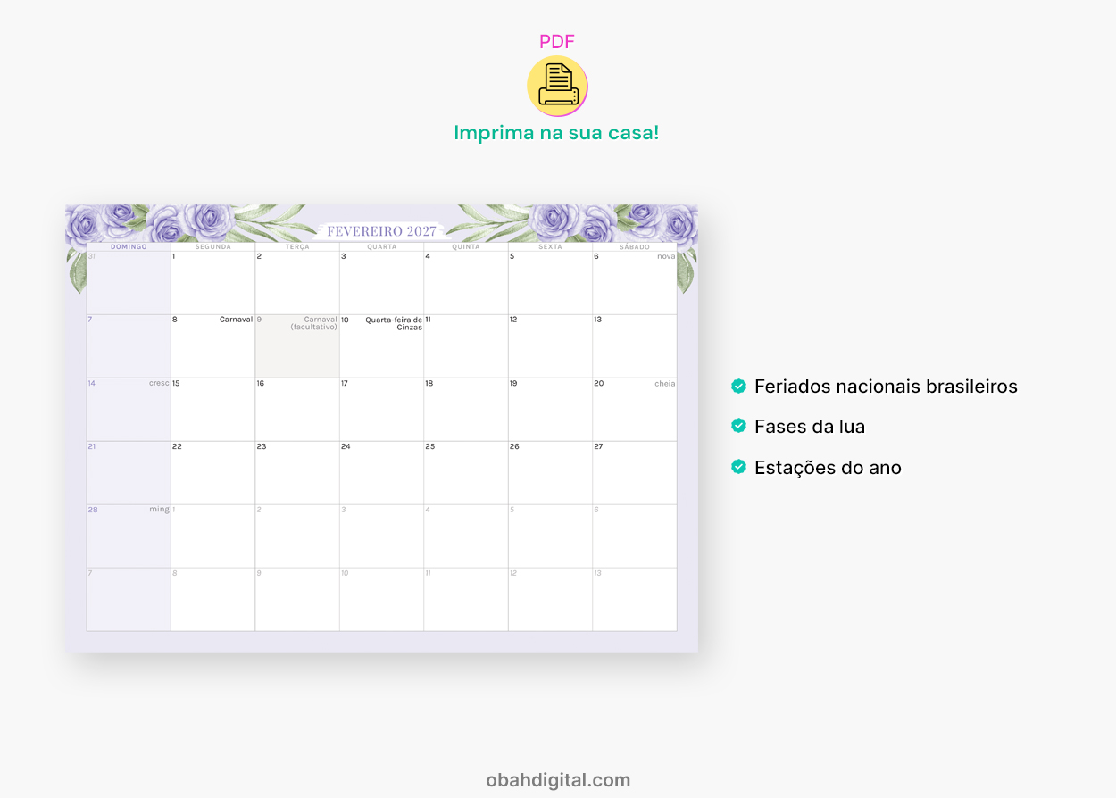 Planner mensal 2027 calendário A4 para imprimir