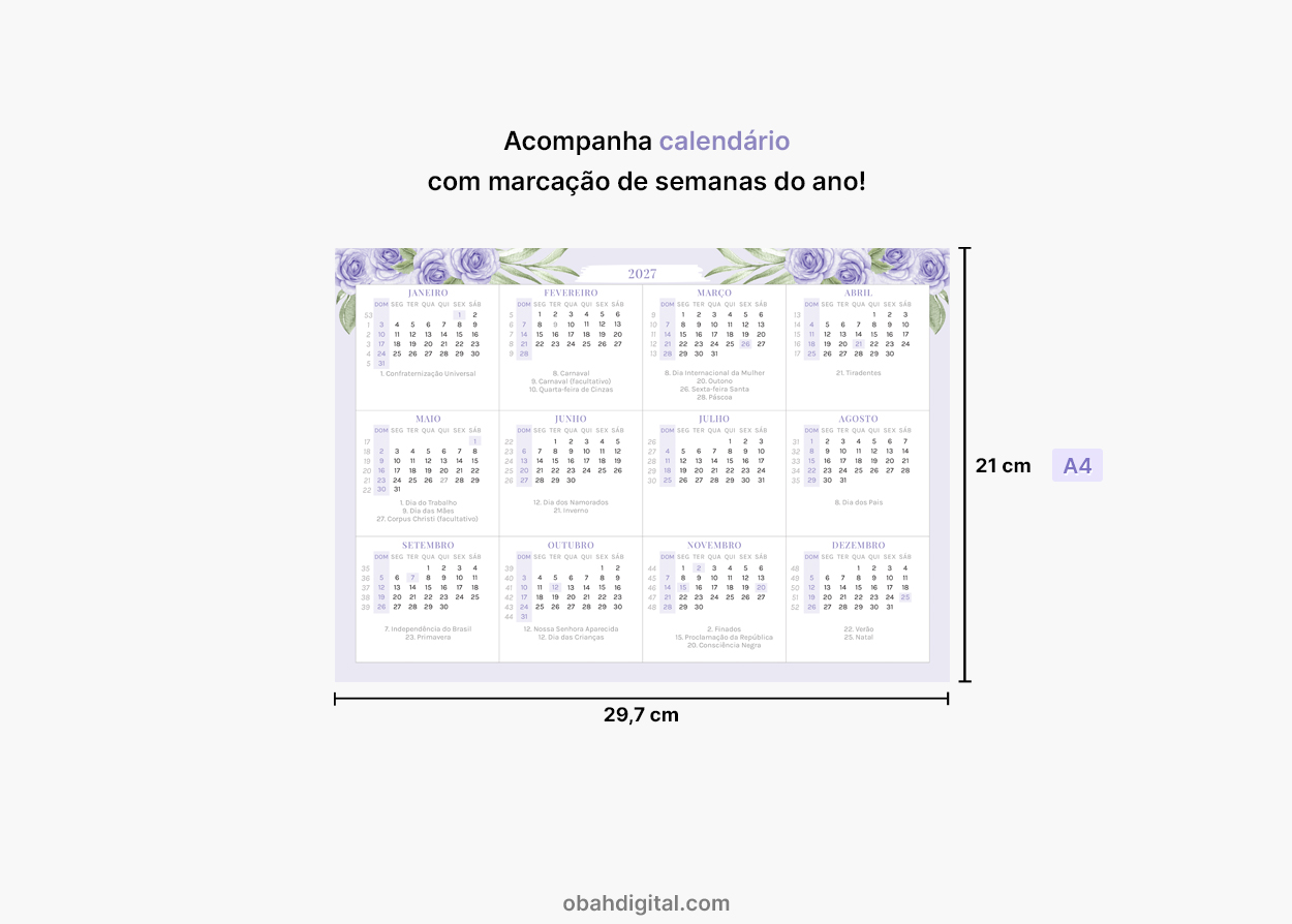 Planner mensal 2027 calendário A4 para imprimir