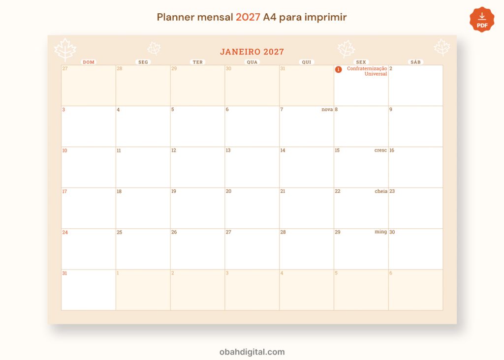 Arquivo Digital Planner mensal 2027 calendário A4 para imprimir
