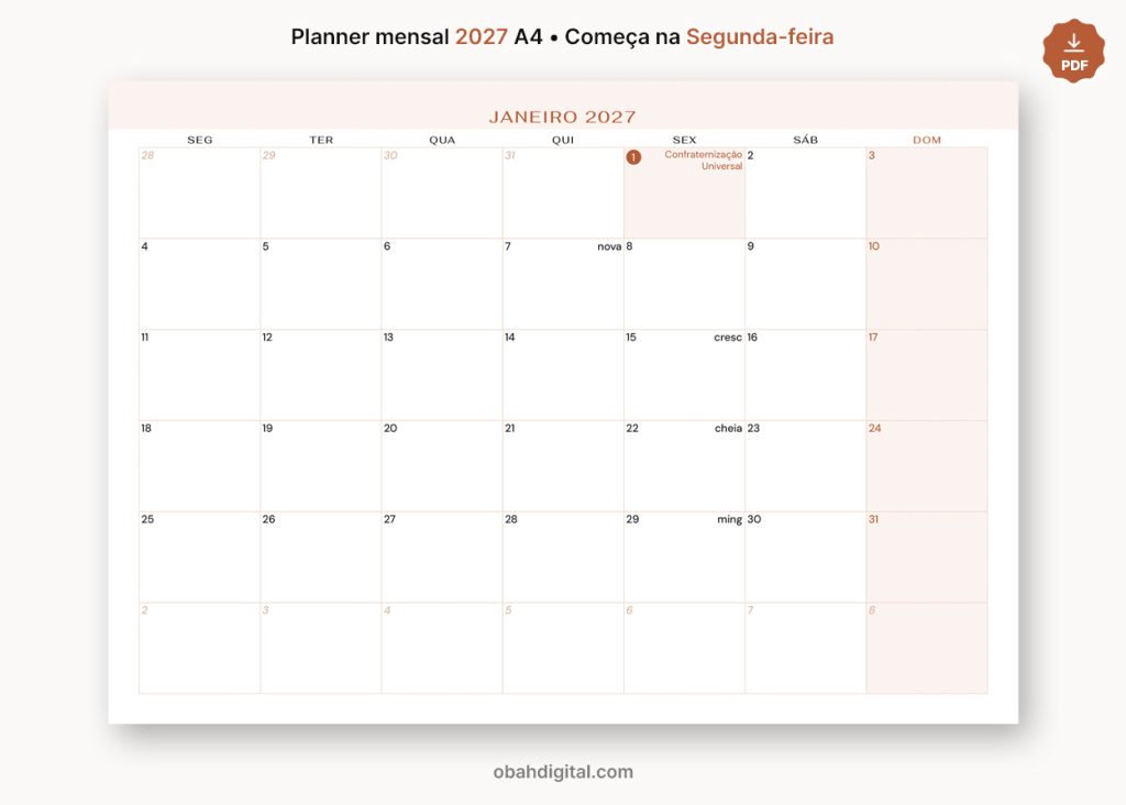 Planner mensal 2027 começo segunda A4 para imprimir