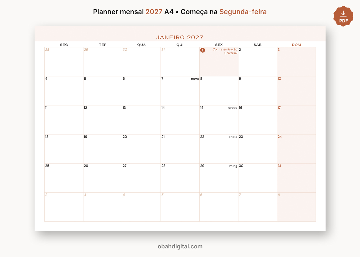 Planner mensal 2027 começo segunda A4 para imprimir