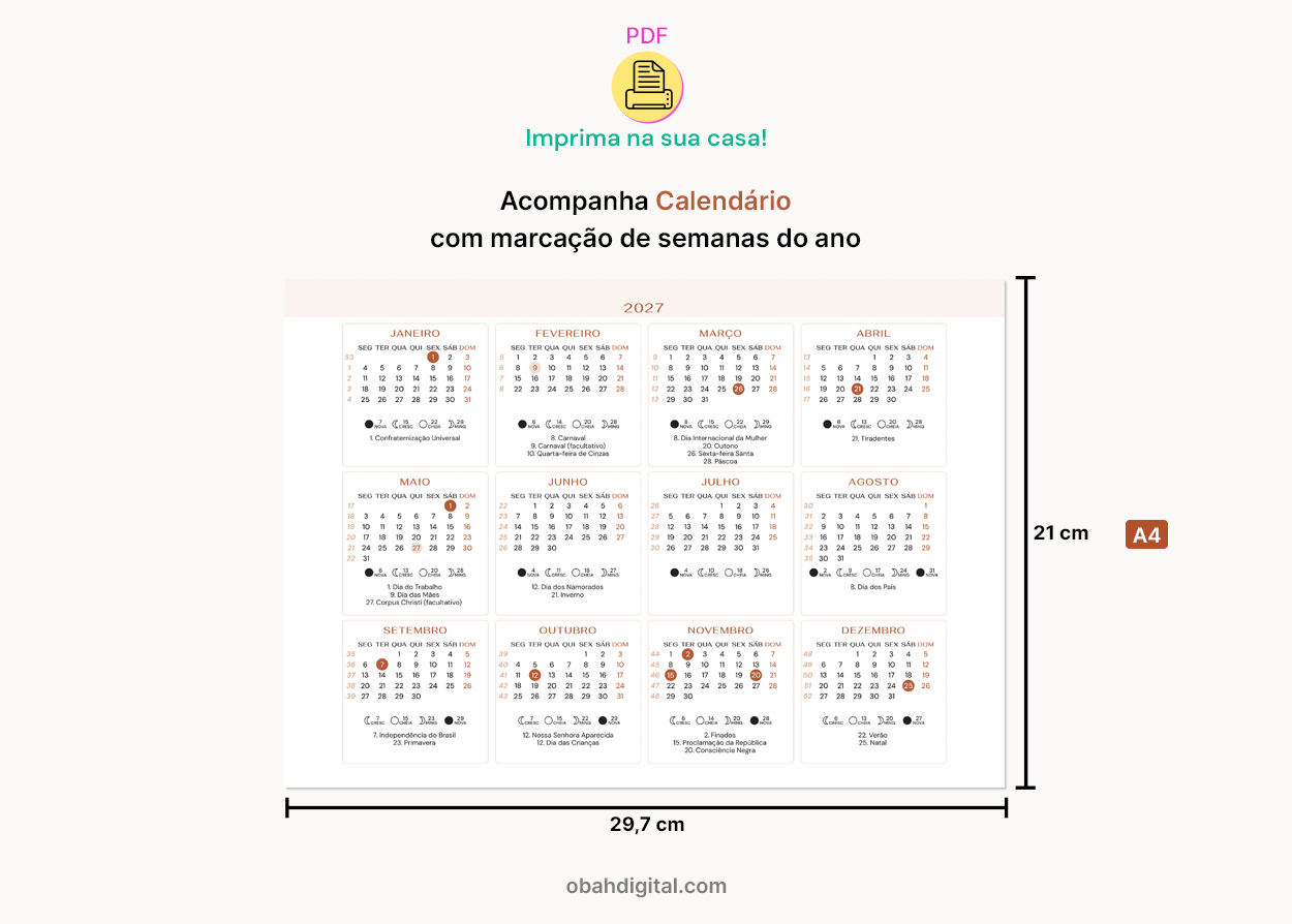 Planner mensal 2027 começo segunda A4 para imprimir