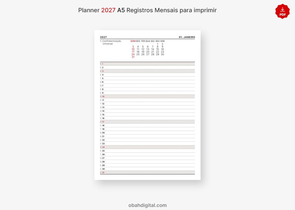 Planner minimalista 2027 A5 Registros mensais para imprimir