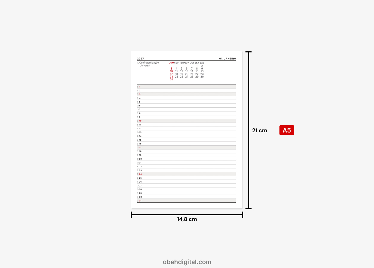 Planner minimalista 2027 A5 Registros mensais para imprimir