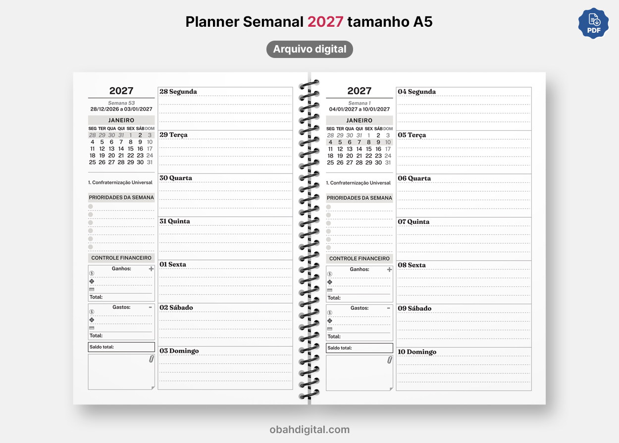 Arquivo Digital Planner Semanal 2027 A5 imprimir
