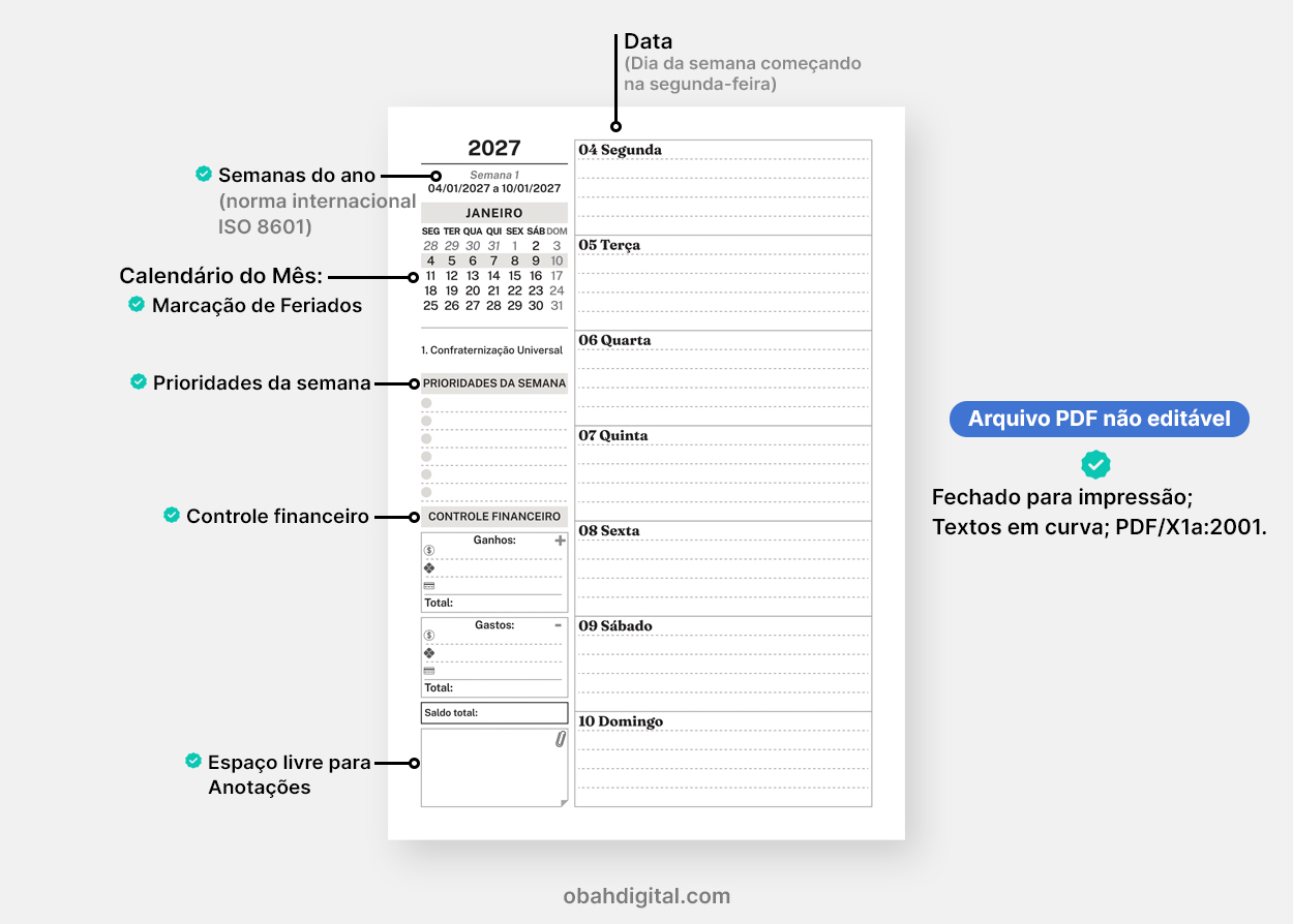 Arquivo Digital Planner Semanal 2027 A5 imprimir