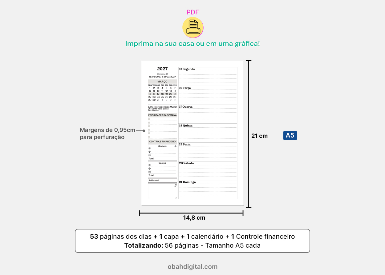 Arquivo Digital Planner Semanal 2027 A5 imprimir