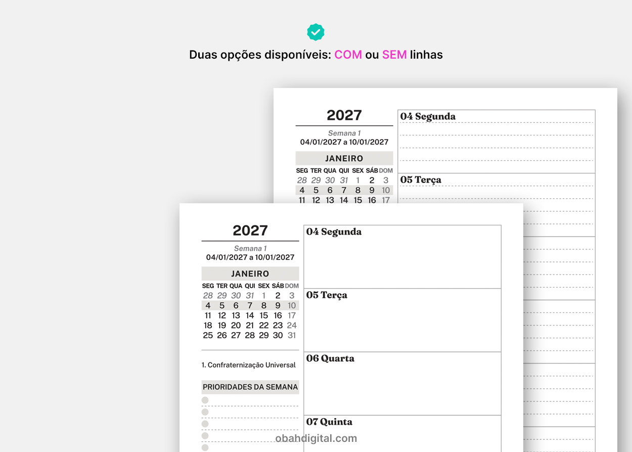 Arquivo Digital Planner Semanal 2027 A5 imprimir