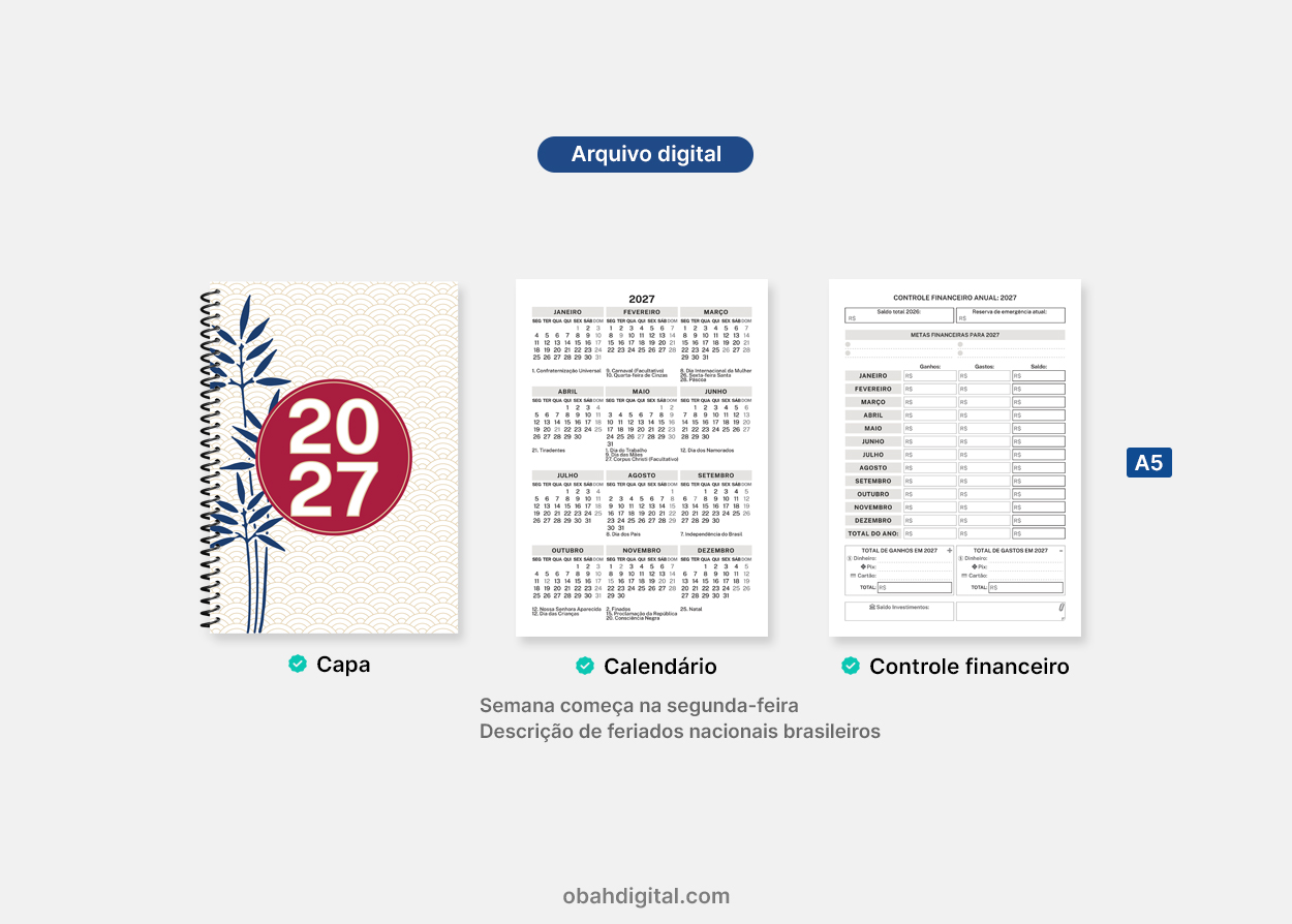 Arquivo Digital Planner Semanal 2027 A5 imprimir